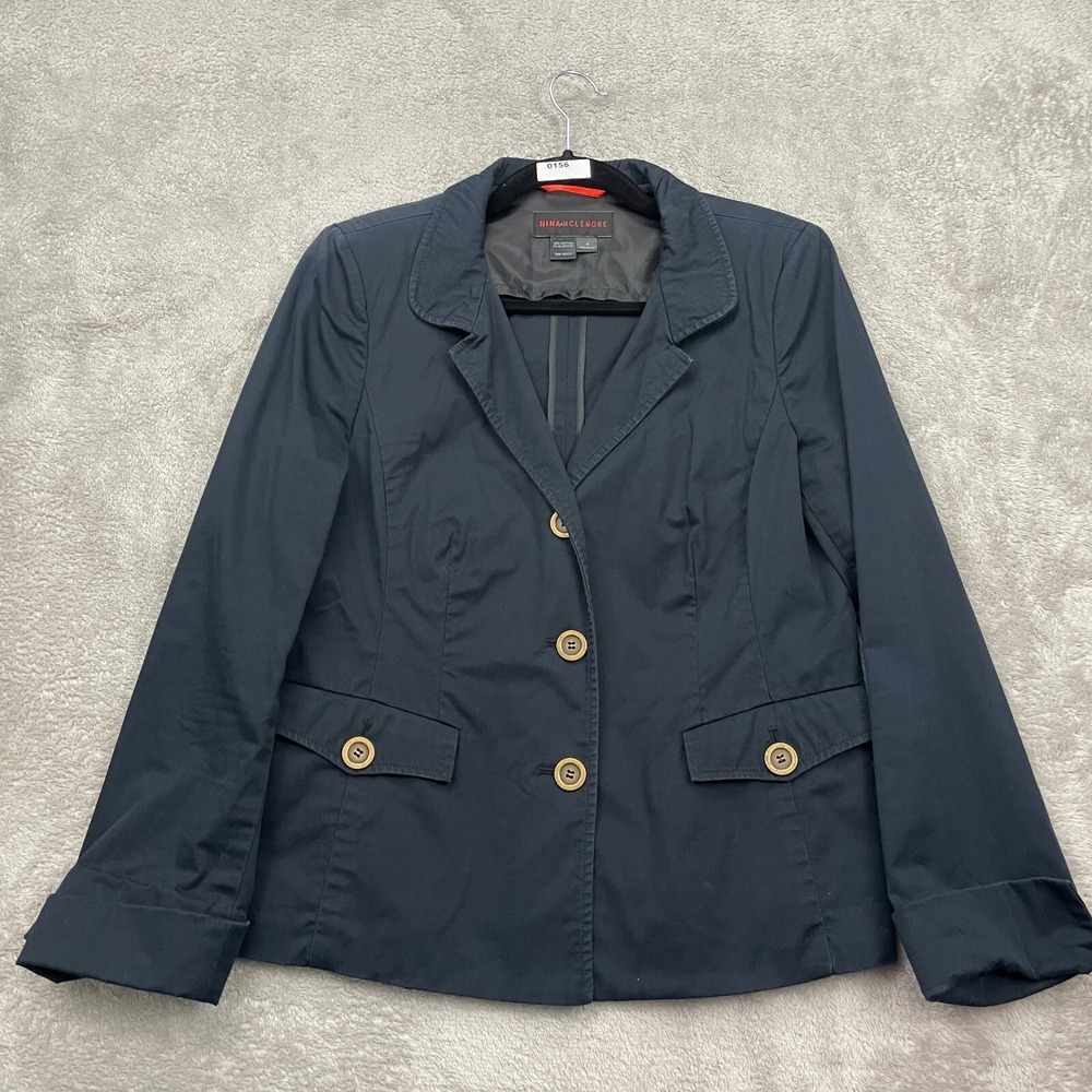 Nina McLemore Blazer Women 6 Navy Blue Cotton Gold Button Nautical Office Career